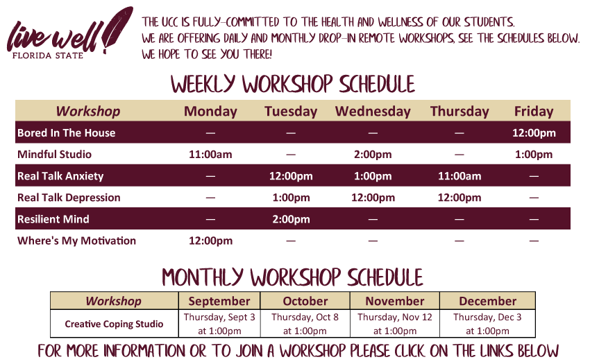 Fall 2020 Weekly Workshop Schedule